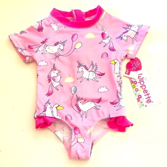Wippette Baby Girl Unicorn Pink Zip Up Ruffles UPF 50 Swimming Rashguard Sz 0-6M - Picture 1 of 9